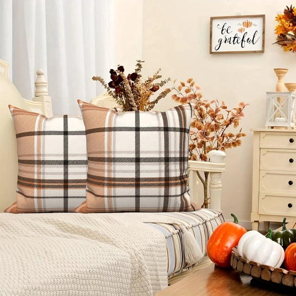 DaShan Fall Autumn Throw Pillow Covers 18x18 Set of 2,Orange Plaids Linen Pillowcase Cushion Cover for Couch Sofa Bed