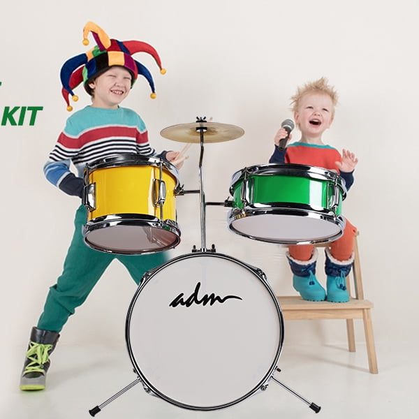 ADM 3-Piece Junior Drum Set for Kids Beginners, Kids Drum Kit with Full set of silent mats, Adjustable Throne, Cymbal, Pedal & Drumsticks - Red, Yellow, Green