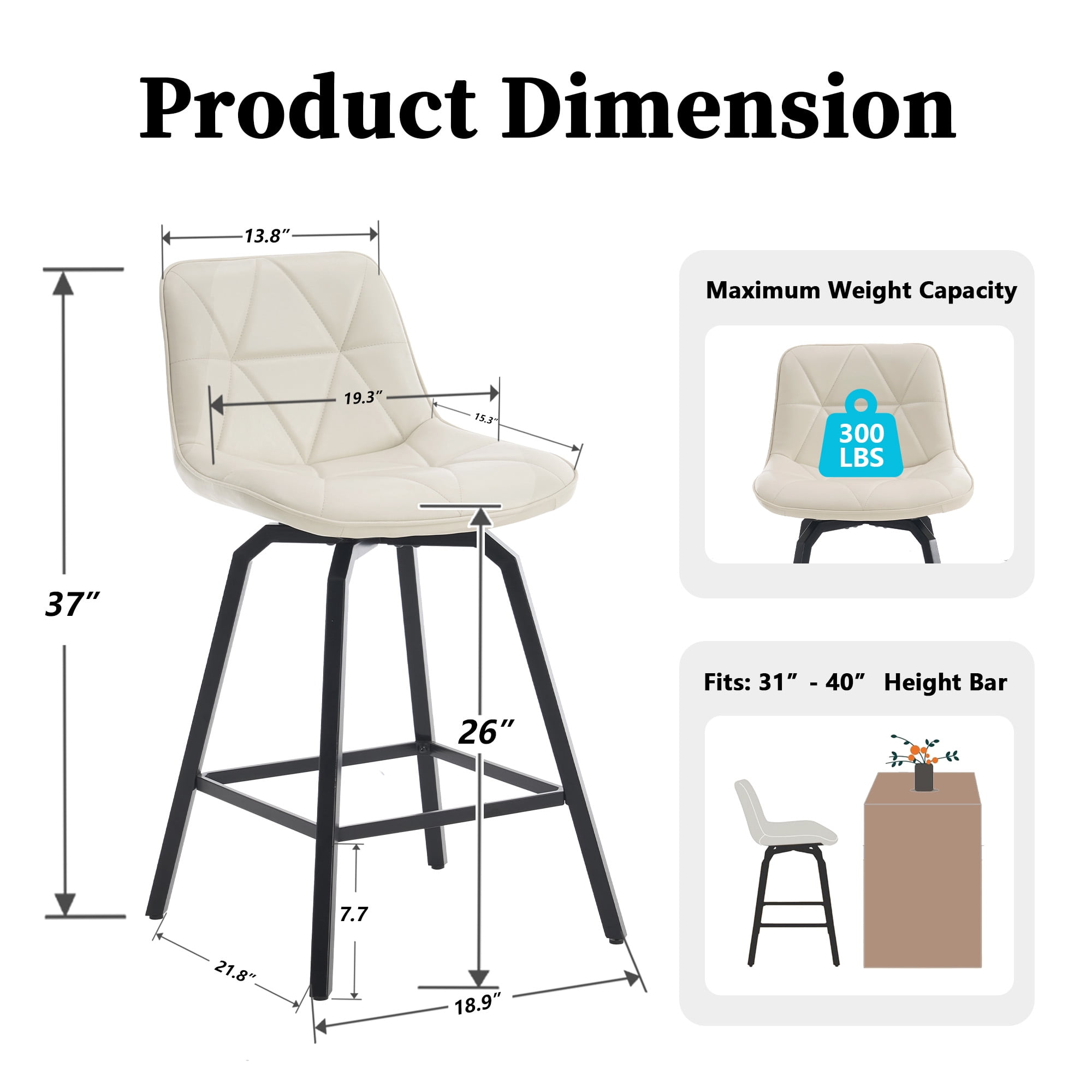 ClinQ 26 inch Swivel Counter Height Bar Stool Set of 3, Faux Leather Seat with Metal Legs and Back, White