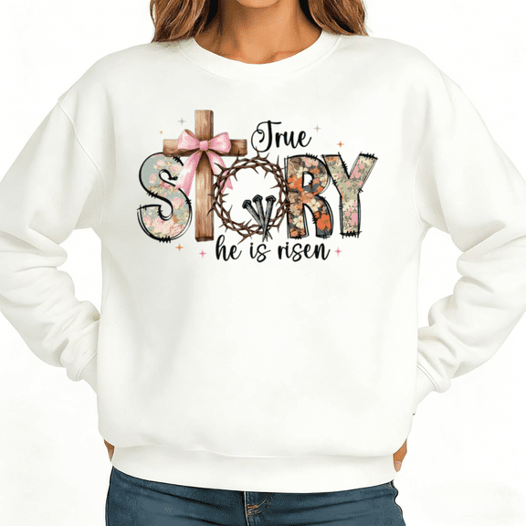 Boho Christian Cross Floral Womans Sweatshirt Graphic Sweatshirt White S-3XL Easter Long Sleeve Tops