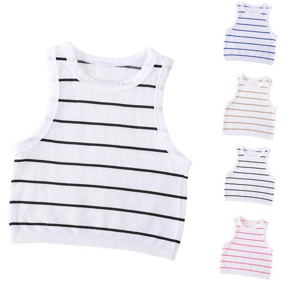 Bxsruta Women's Ribbed Striped Crop Tank Top Sleeveless Crew Neck Casual Workout Top