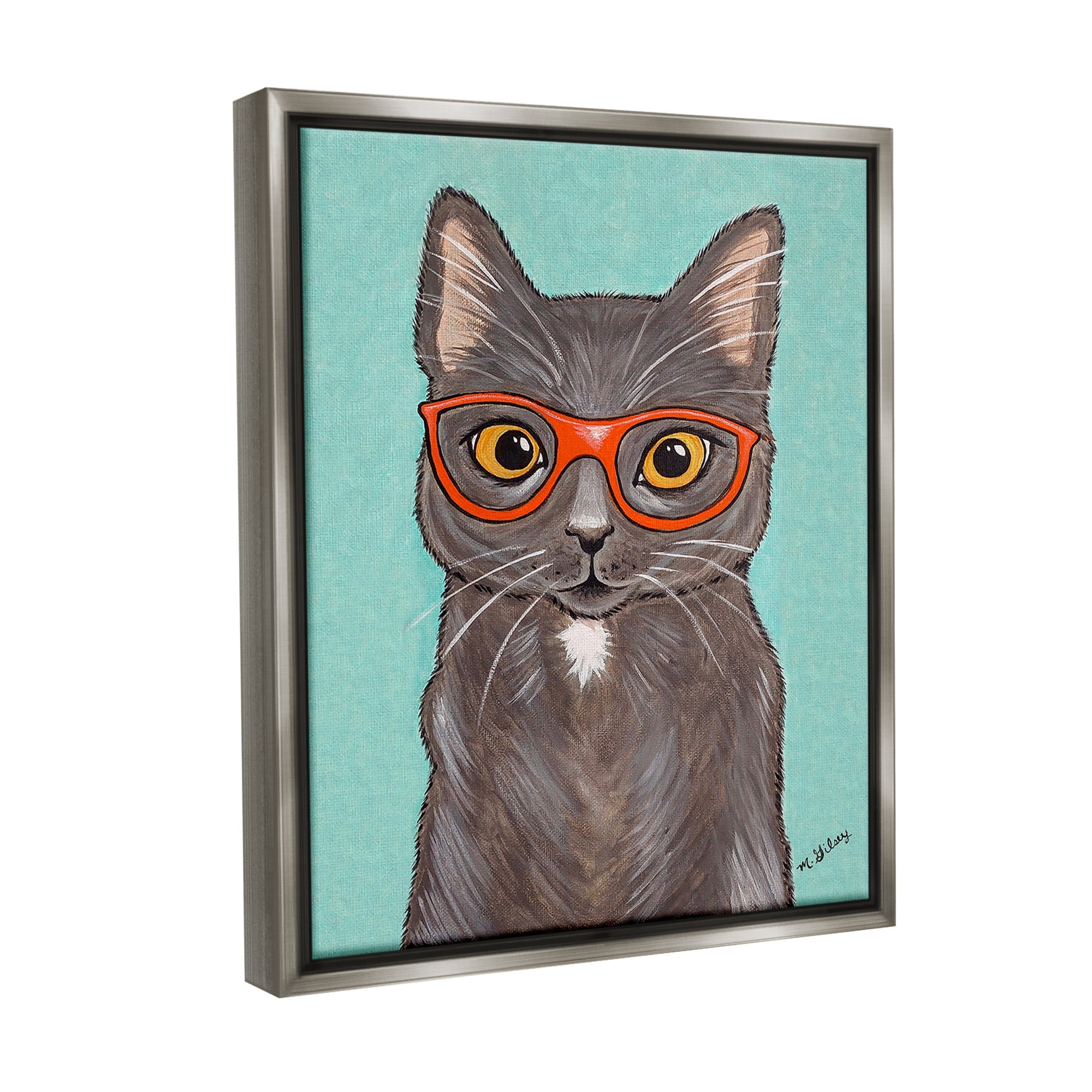 Stupell Industries Hipster Cat Red Glasses Animals & Insects Painting Gray Floater Framed Canvas Art Print Wall Art, 25 x 31