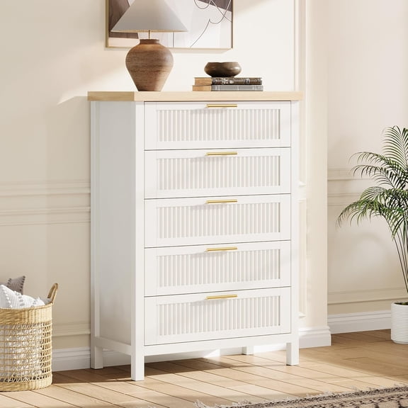 Modern Fluted Dresser, 42.9" Tall 5-Drawer Wooden Wardrobe and TV Stand for Bedroom or Living Room