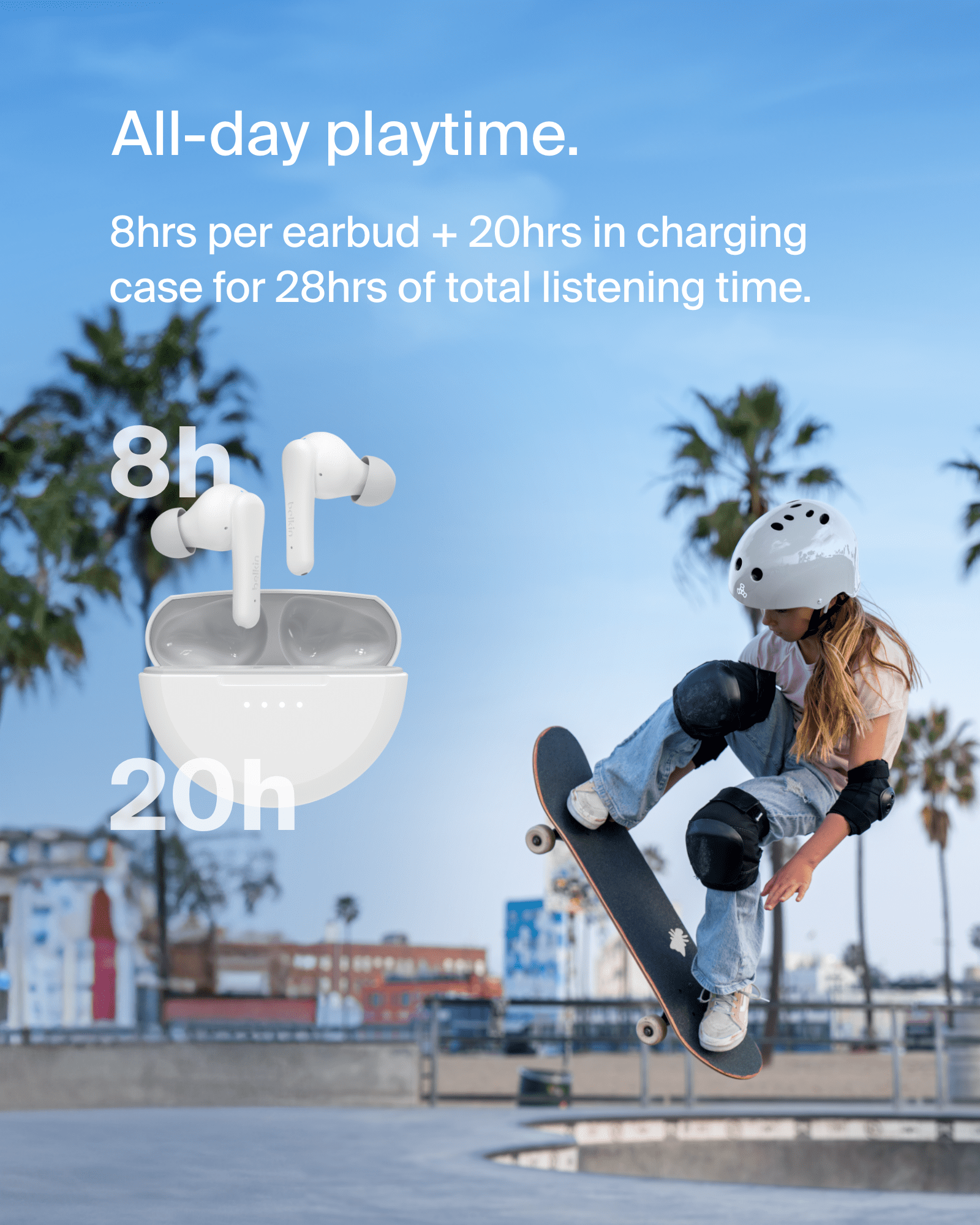 Belkin SoundForm Nano 2 Bluetooth Earbuds for Kids with Built-in Microphone, 28H Battery Life, Safe 85dB Volume, IPX5 Water Resistance - Kids Bluetooth Earbuds for iPhone, iPad, Galaxy - White