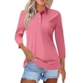 thumbnail image 2 of 3/4 Length Sleeve Polo Shirts for Women Golf Tees 5-Button Cotton Collared Shirt Business Casual Work Tops,Watermelon Red XL, 2 of 5