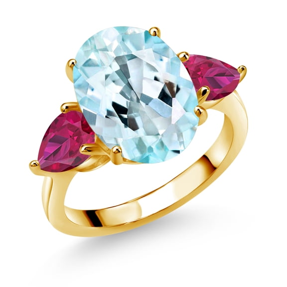 Gem Stone King 18K Yellow Gold Plated Silver Sky Blue Topaz and Red Created Ruby Ring for Women (8.18 Cttw, 14X10MM Oval and 7X5MM Pear Shape, Gemstone November Birthstone, Size 6)
