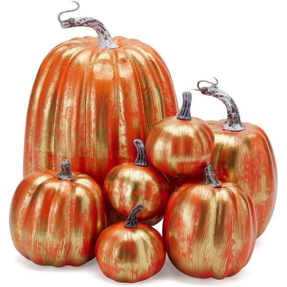 7 Pcs Assorted Sizes Artificial Pumpkins Fall Decor Fake Faux Foam Pumpkins for Halloween Thanksgiving Harvest Home Table Decor