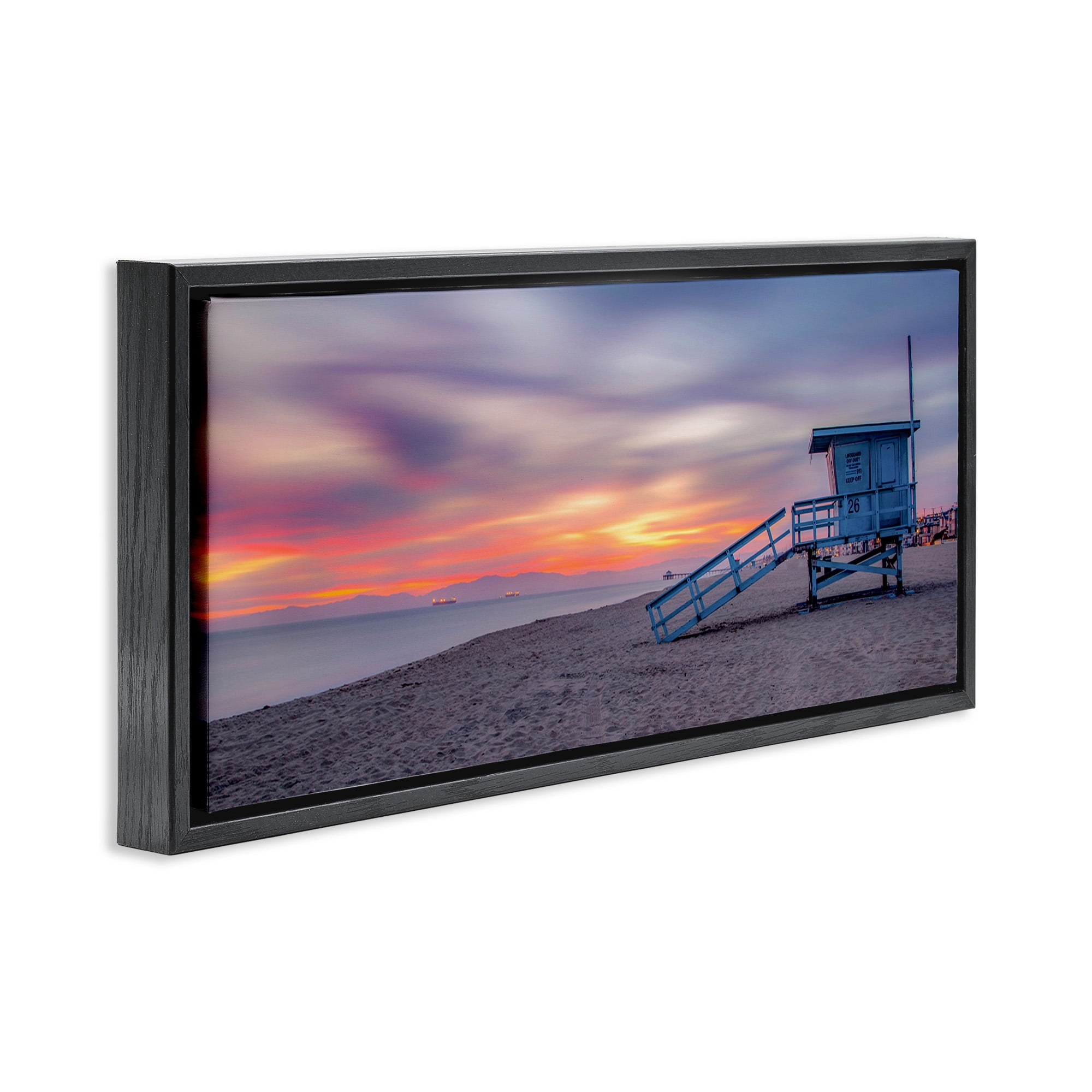Stupell Industries Beach Hut Sunset Horizon Nature Photography Black Floater Framed Canvas Art Print Wall Art, 31 x 14