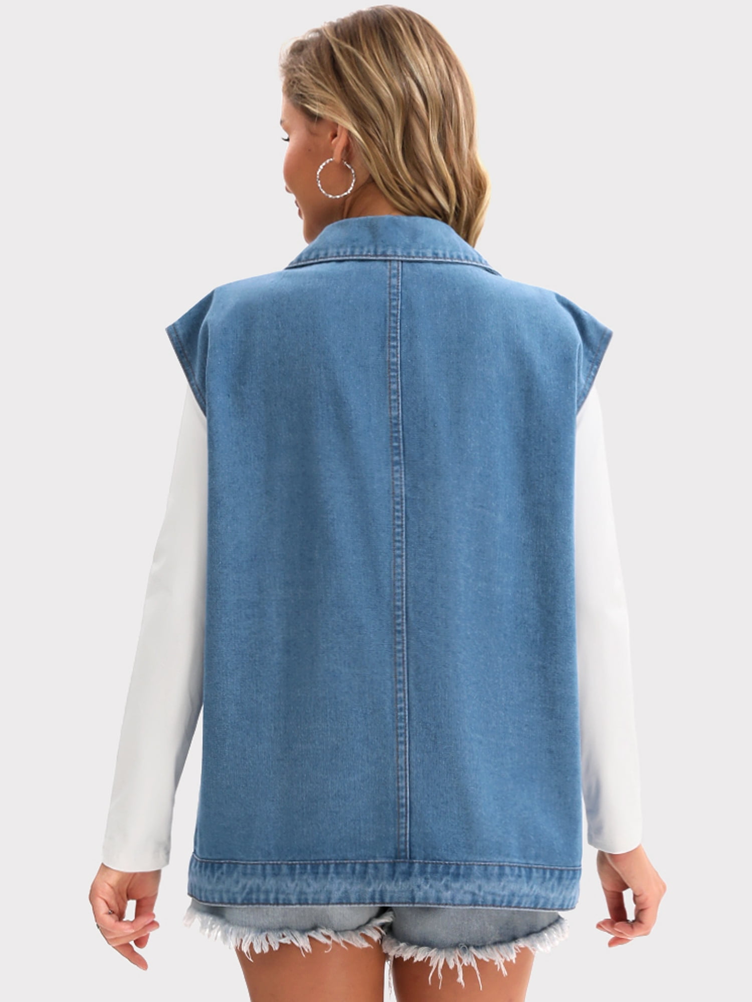 DARING DIVA Women's Button Down Oversized Sleeveless Utility Jean Jacket L Blue