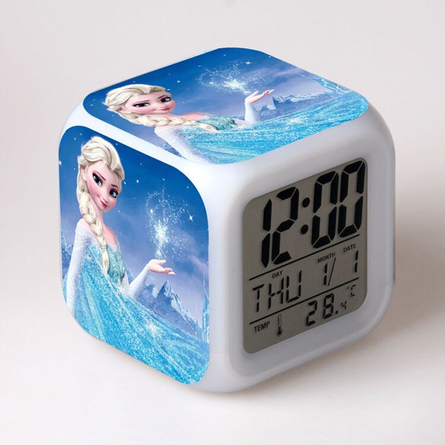 Disney-reloj despertador Digital para niños, juguete LED que cambian de Color con adornos de dibujos animados, princesa Elsa, Anna, Hans Olaf