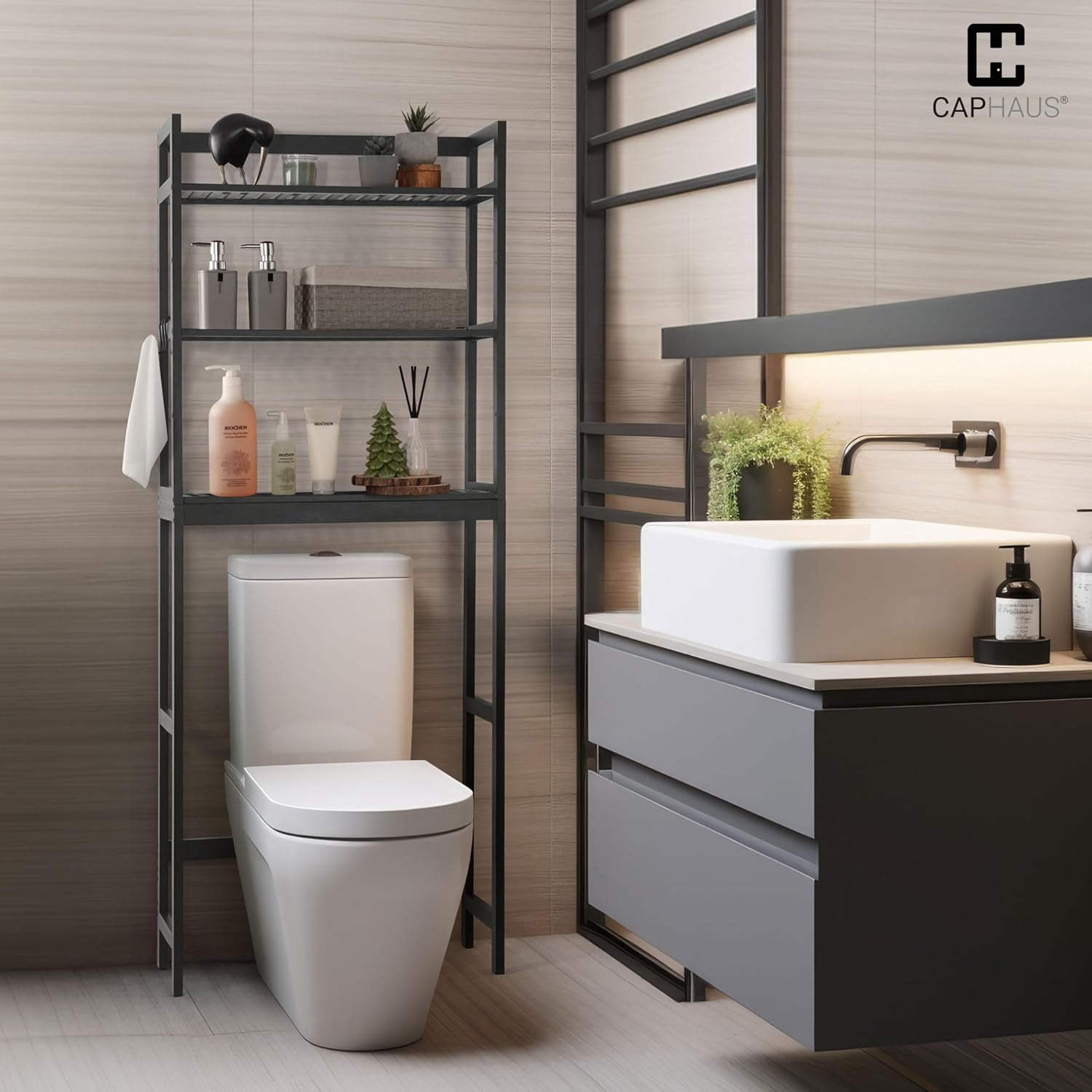 CAPHAUS Bamboo Over The Toilet Storage, Behind Toilet Bathroom Shelf Rack with Hooks & Adjustable Feet, 24-Inch Freestanding Toilet Shelf, Bathroom & Laundry Organizer, Balcony Plant Stand, Black