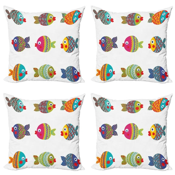 Ambesonne Ethnic Throw Pillow Cover 4 Pack, Cartoon Fish, 18", Multicolor