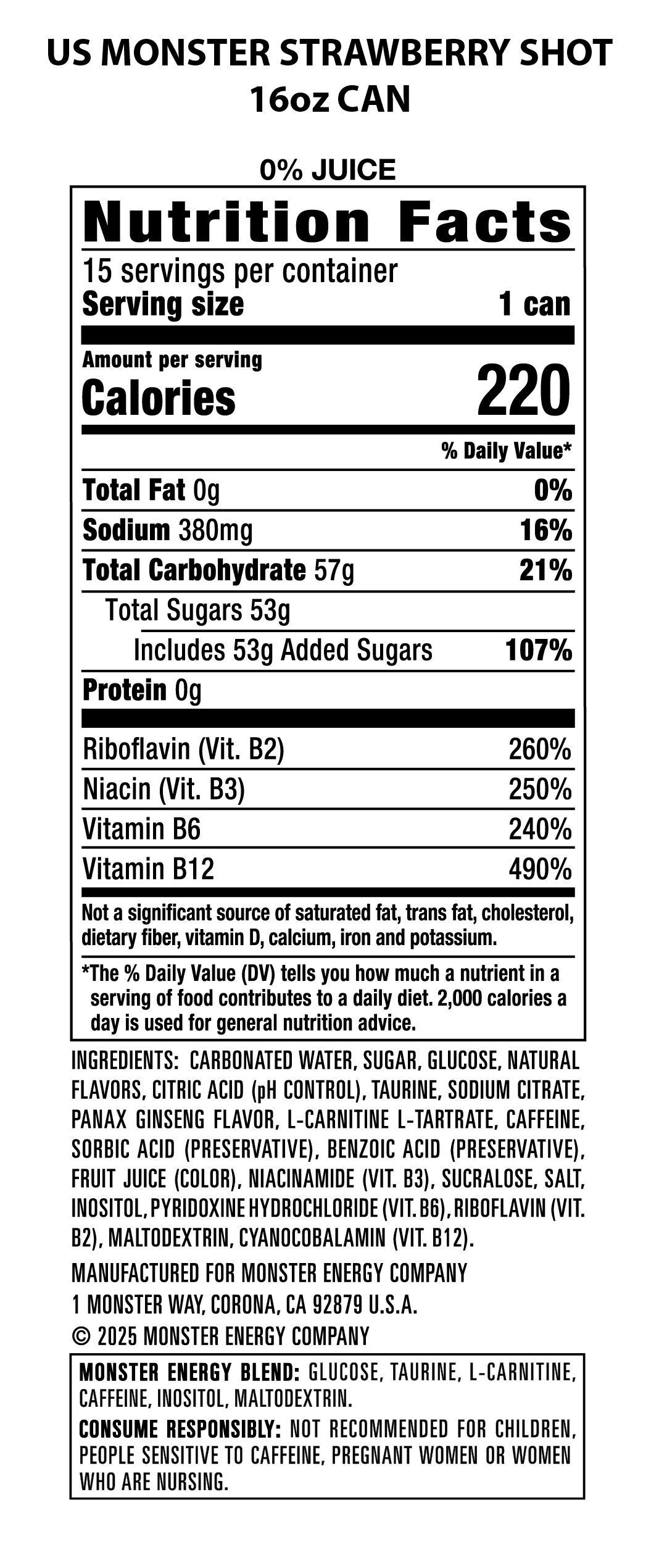 Monster Energy, Strawberry Shot, Energy Drink, 15 Pack - 16 Fl Oz
