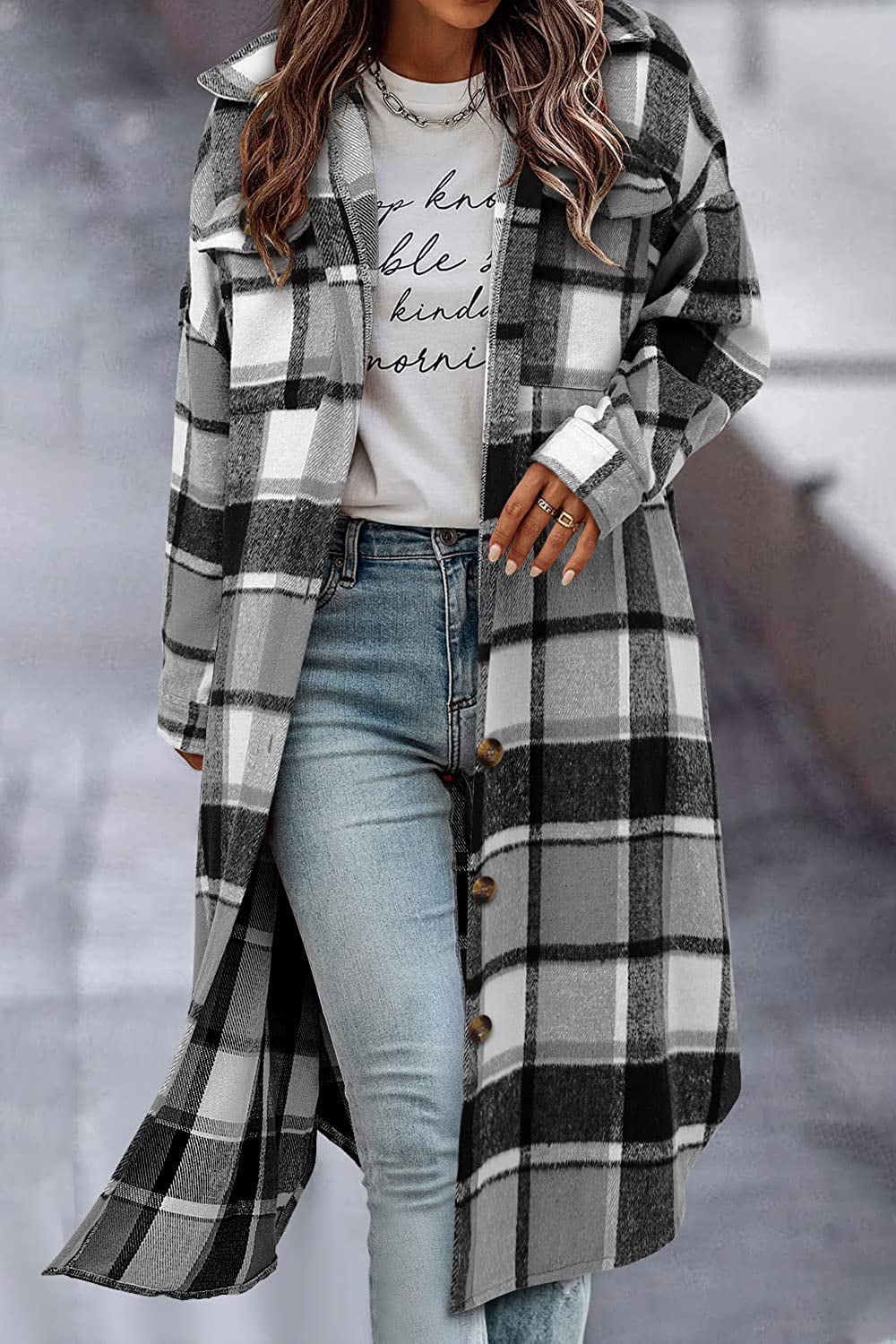 Women's Long Flannel Plaid Jacket Shacket Cozy Lapel Button Down