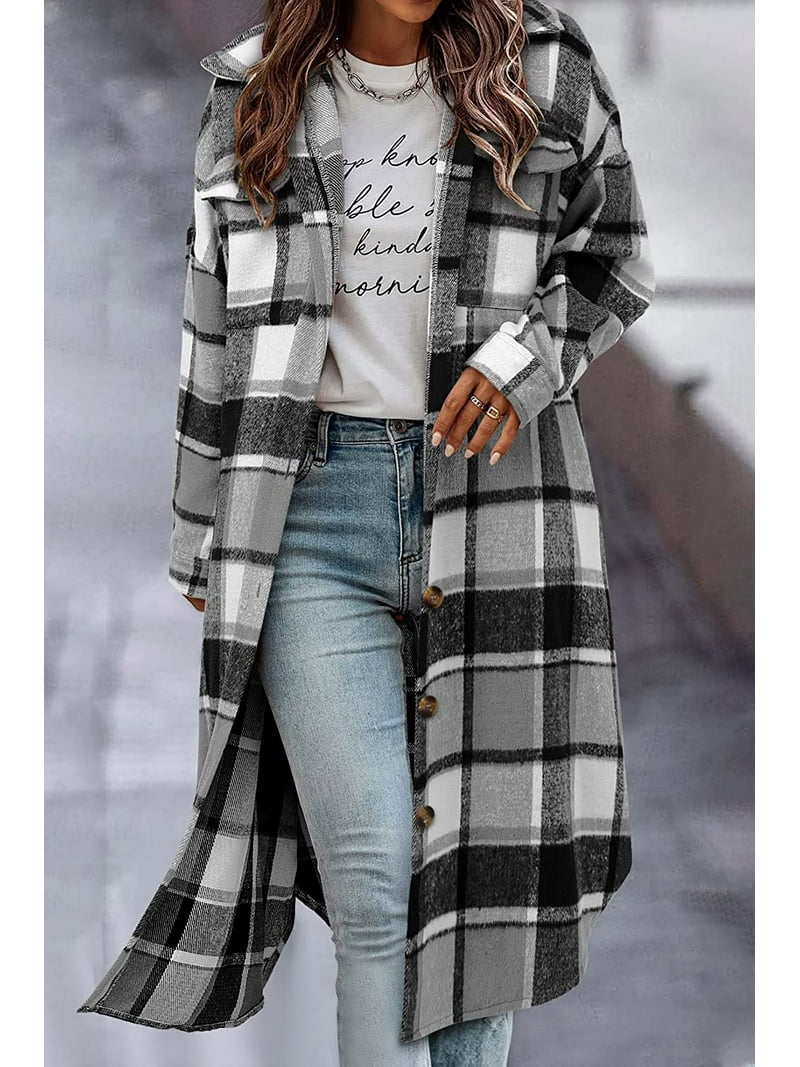 ジャケット・アウター shaggy accent button jacket coat Women's Long Flannel Plaid Jacket Shacket Cozy Lapel Button
