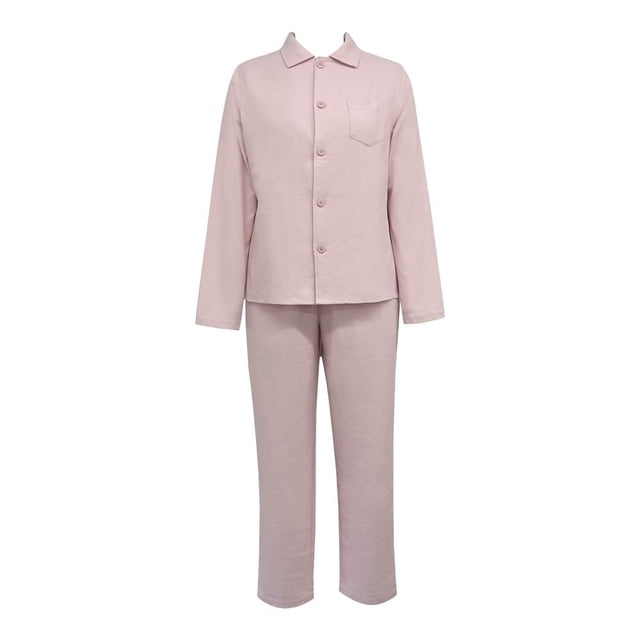 Set de pijama George para mujer de 2 piezas en color rosa, con playera de manga larga con botones frontales y bolsillo en el pecho, y pantalón de corte recto con cintura ajustable, confeccionado en tela suave ideal para otoño e invierno, también adecuado para descanso cómodo en casa.