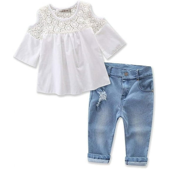 stylesilove Sweet Girl Lace Design Off Shoulder 3/4 Sleeve Blouses and Jeans 2 Pcs Outfit Set (7) White