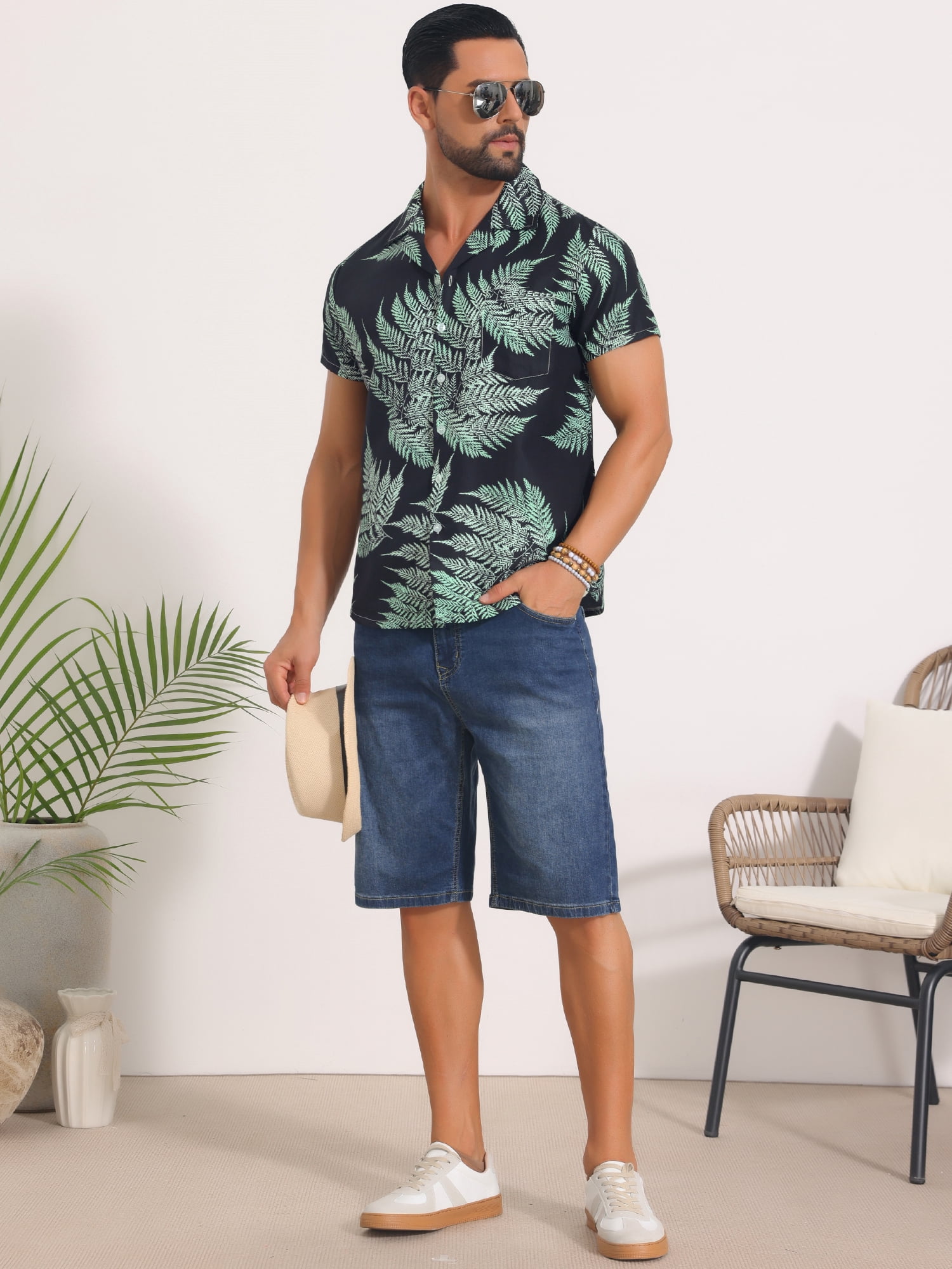 DARING DIVA Men's Short Sleeve Button Down Camp Collar Leaf Print Shirts XL Black Green