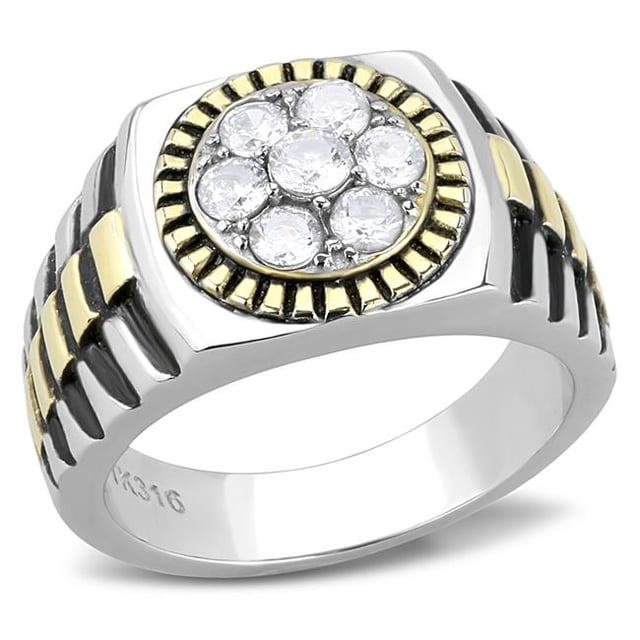 Men Two-Tone IP Gold Stainless Steel Ring with AAA Grade CZ in Clear - Size 9