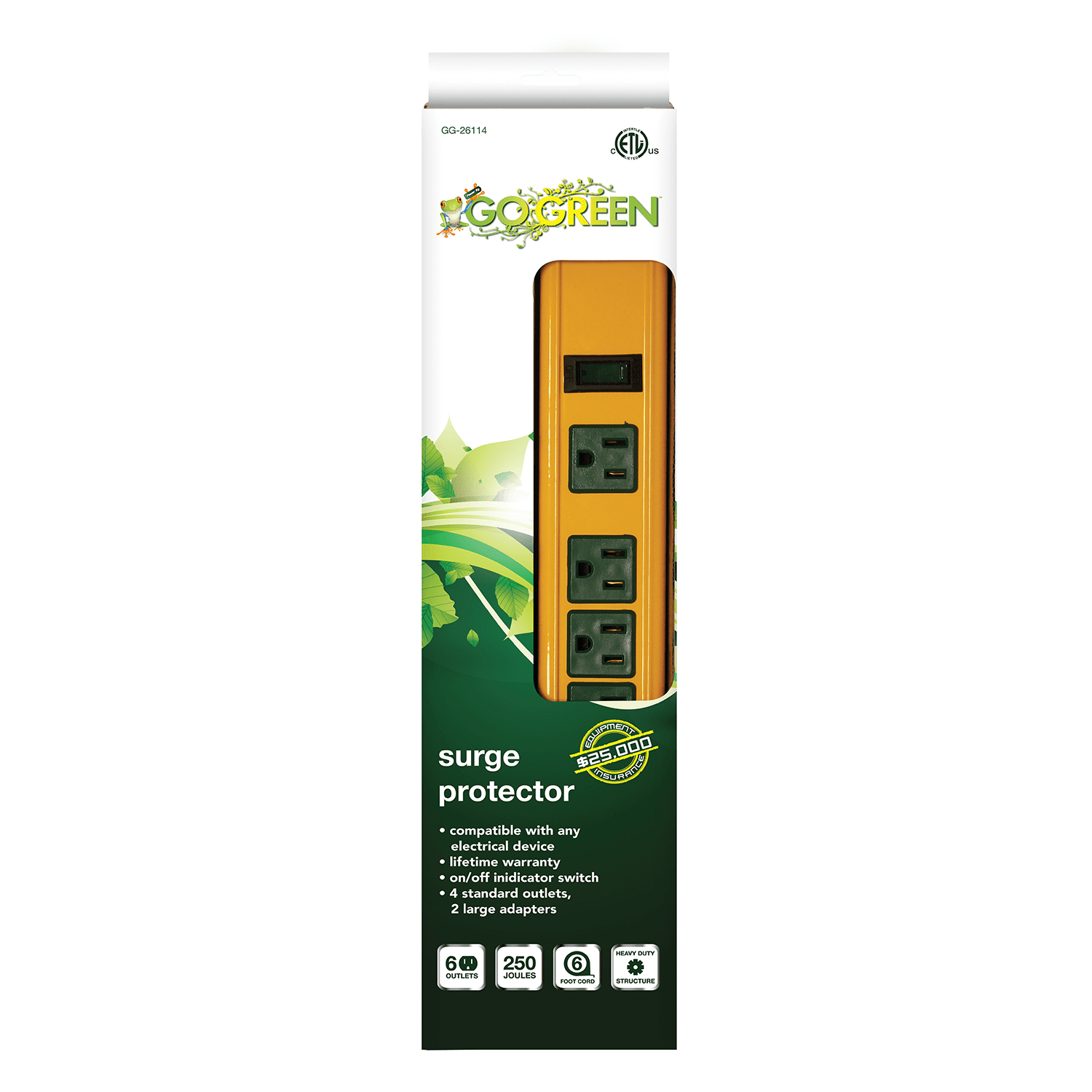 GoGreen Power (GG-26114) 6 Outlet Metal Surge Protector, 250 Joules, Yellow/Green, 6 ft Cord