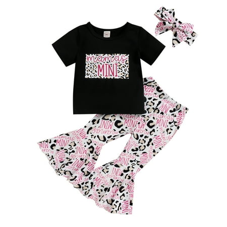 

ZHUASHUM Toddler Girls Outfit Words Prints Short Sleeve Tops Prints Bell Bottom Pants Headband 3pcs Set Outfits
