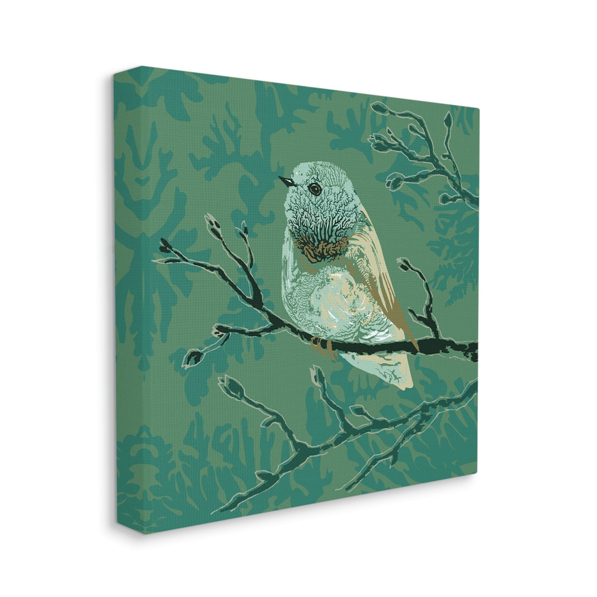 Stupell Industries Green Bird Perched Abstract Botanical Sprigs Detail Graphic Art Gallery Wrapped Canvas Print Wall Art, Design by Verbrugge Watercolor