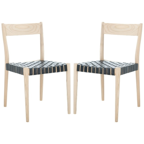 SAFAVIEH Eluned Leather Dining Chair, Black/Natural, Set of 2 (18.5 in. W x D x 31.5 in. H)