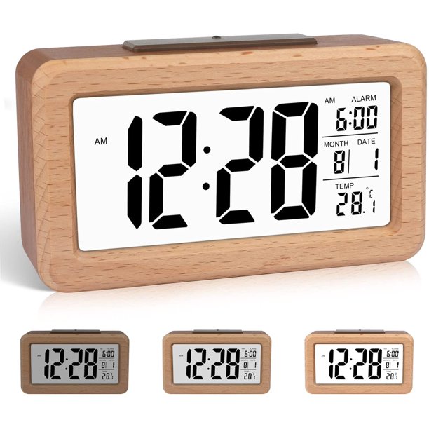Bienvenido Reloj despertador digital de madera de fácil configuración con temperatura, fecha, retroiluminación, repetición, para dormitorio, mesita de noche, hogar, oficina, sin tictac