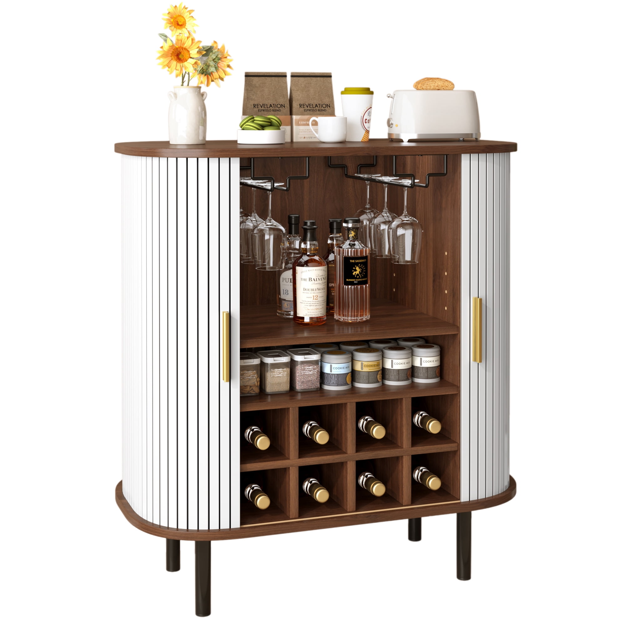 Euroco 28" Wine Bar Cabinet, Standing Liquor Cabinet with 8 Wine Racks,2 Glass Holders,Sliding Doors & Side Hidden Storage Space,Coffee Bar Cabinet with Adjustable Shelves for Kitchen Dining Room