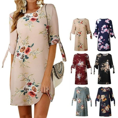 Women Summer Dress Boho Style Floral Print Chiffon Beach Dress Loose