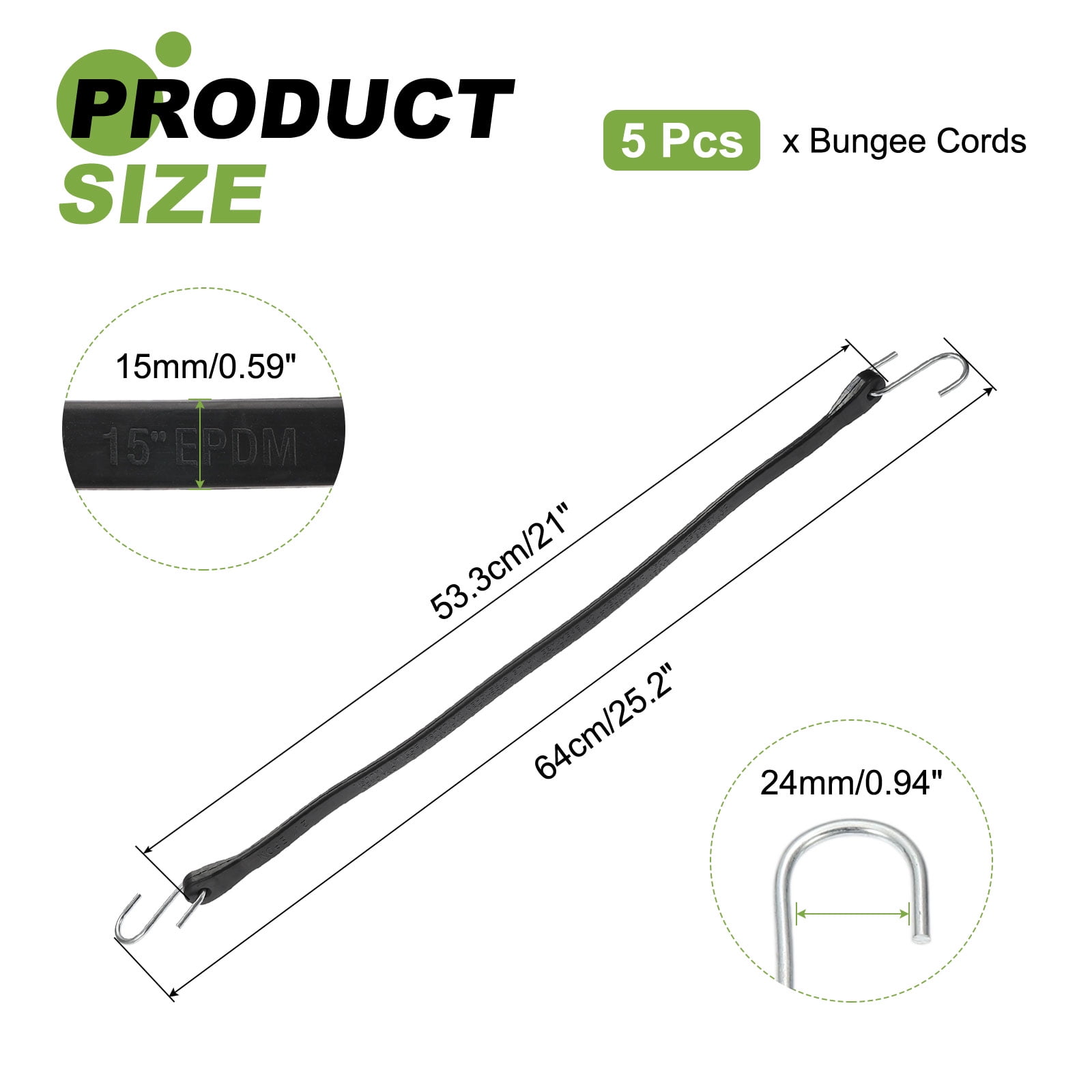 5Pack 21" Bungee Cords with Hooks for Securing Tarps Cargo Trucks Canvases, Black