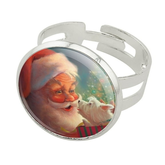 Christmas Holiday Santa Claus with Puppy Silver Plated Adjustable Novelty Ring