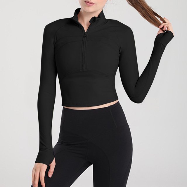 Sentmoon Chandails à Fermeture Éclair Manches Longues Hauts pour Femmes Col Rond Chandails de Gym à Manches Longues pour Femmes Coupe Régulière Hauts d'Entraînement Stylés pour Femmes Noir m Économies d'Automne