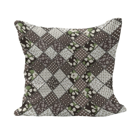 Retro Fluffy Throw Pillow Cushion Cover, Patchwork with Polka Dots Hibiscus Flowers and Rounds Old Fashioned Design, Decorative Square Accent Pillow Case, 24" x 24", Brown Beige, by Ambesonne