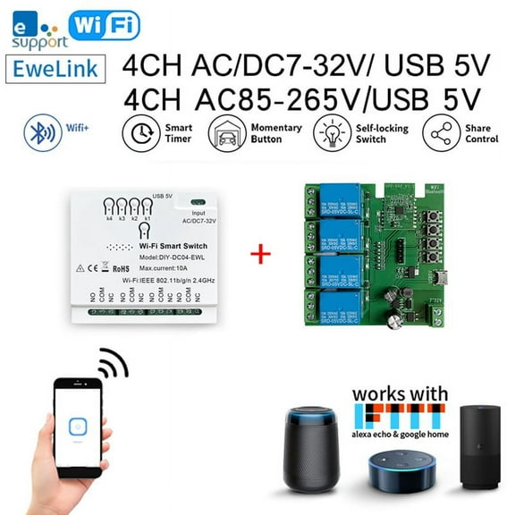 4CH WiFi Smart Switch 85-265V USB 5V 2.4G WiFi Home Automation Module for IFTT Home,1 x Smart Switch,White