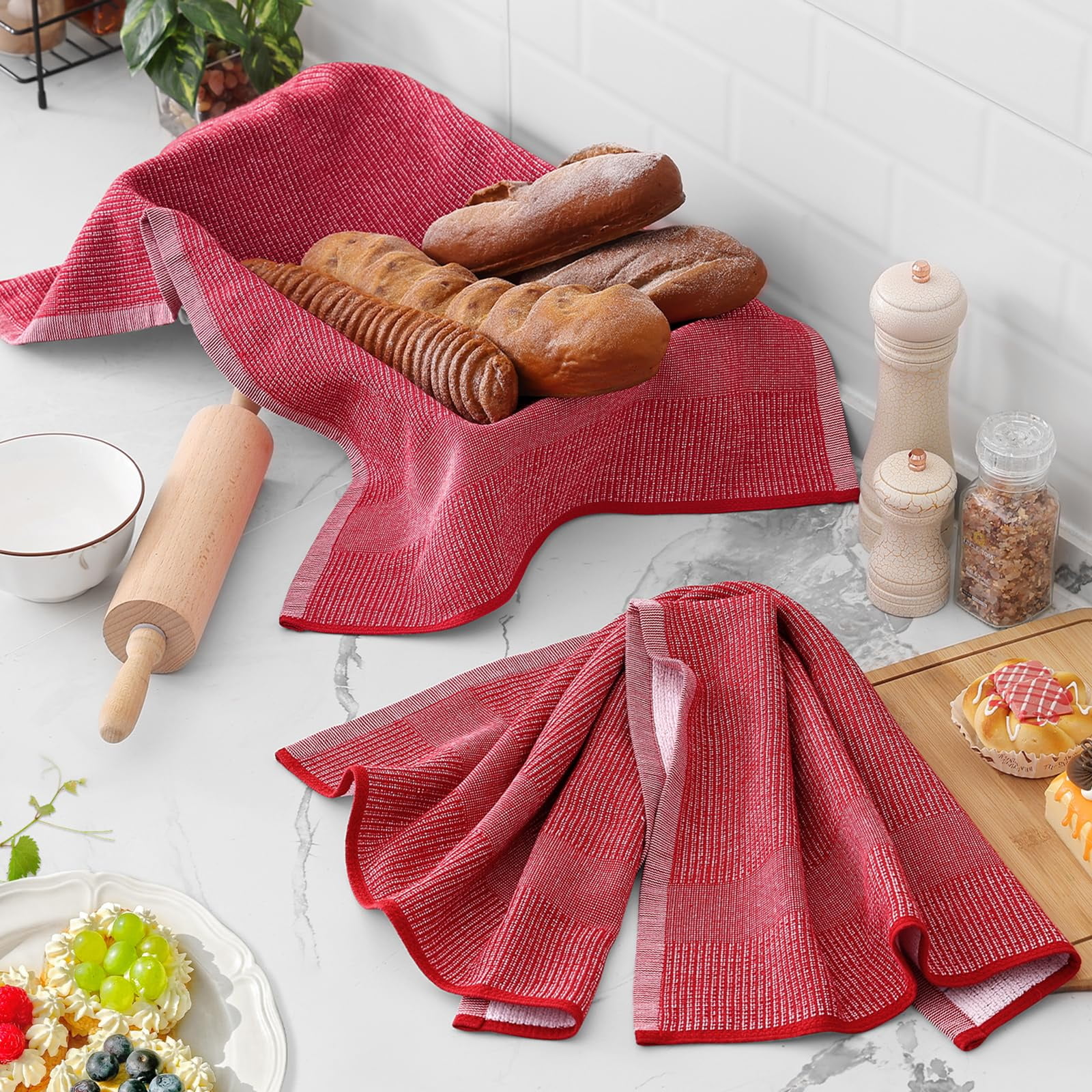 decorUhome Premium Kitchen Towels(18"x 28", 6 Pack), Large Cotton Kitchen Hand Towels, Red