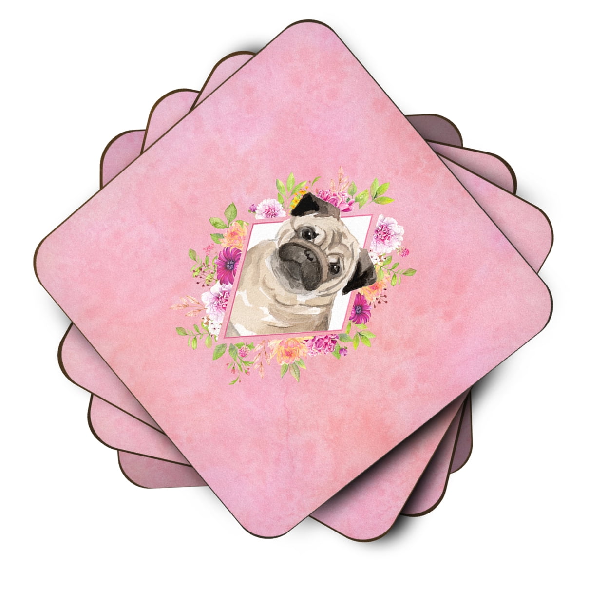 Fawn Pug Pink Flowers Foam Coaster Set of 4