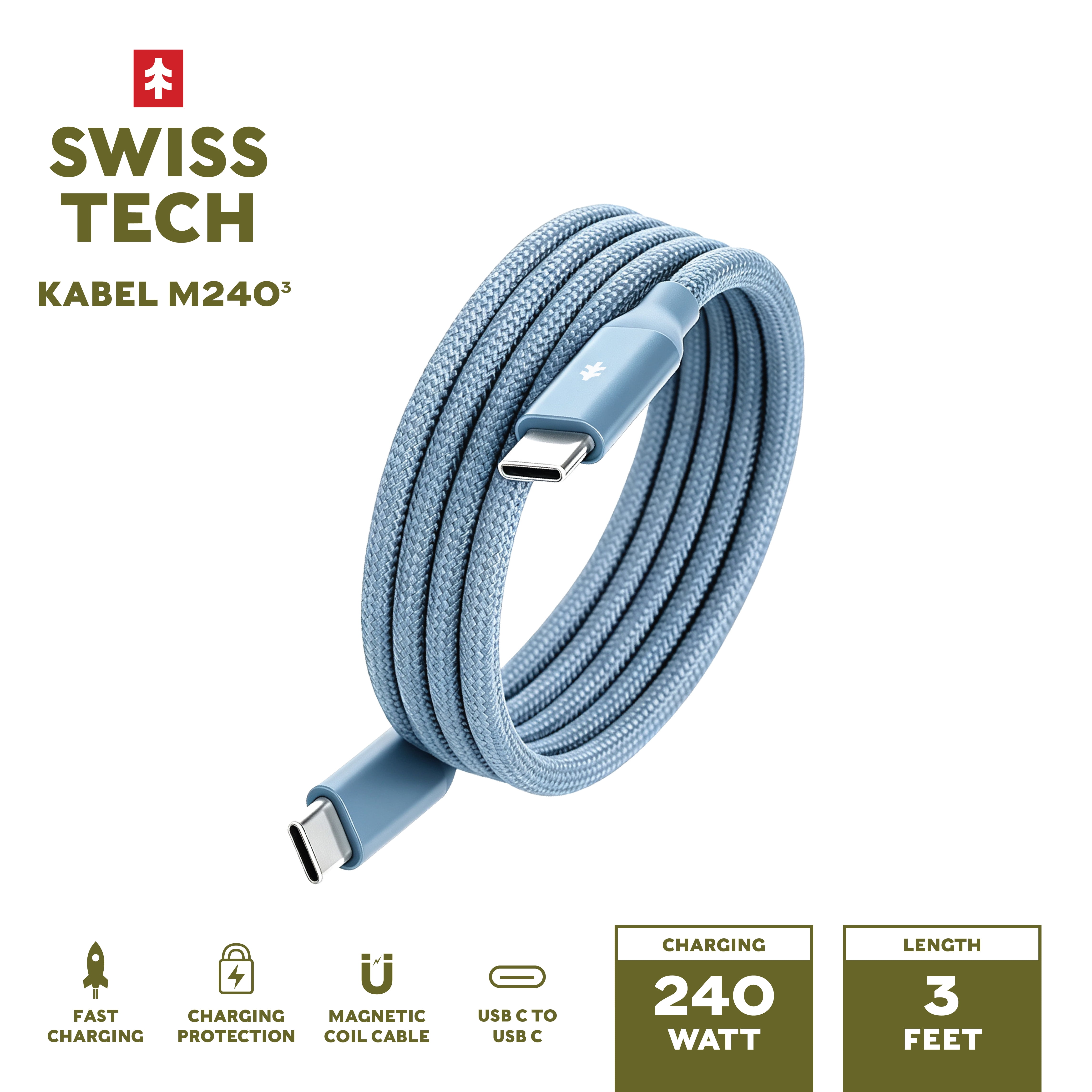 Swiss Tech Kabel M240 3 ft 240W Magnetic Self-Coiling USB-C Charging Cable, Cresta Blue