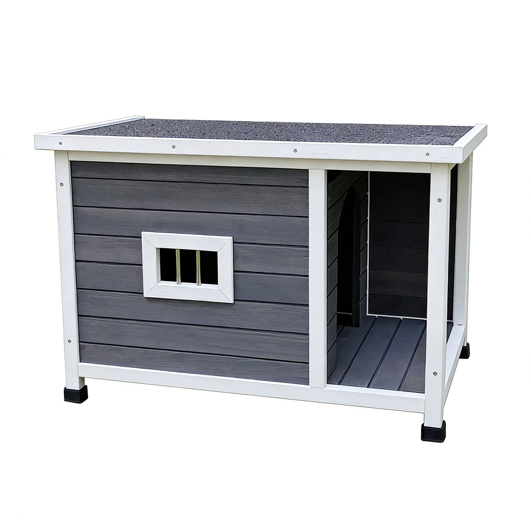 S-HOME Gray Cat House for Outdoor Use with Waterproof Roof, Ventilated Windows, Durable Metal Support, Cozy Shelter for Cats