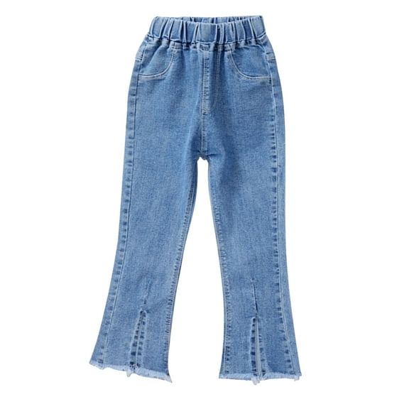 Jeans 3-12 Years Old Girls Elastic Waist Split Front Flare Denim Pants Bell Bottom Slimming Jean Trousers with Pocket, Light Blue7 Years