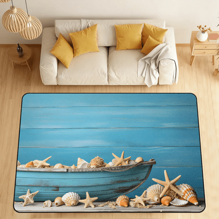 CURLYOOT Starfish Seashell Area Rugs 5 x7 Washable Rug Large Living Room Rug Non Slip Blue Wooden Indoor Floor Carpet for Dining Room Bedroom Home