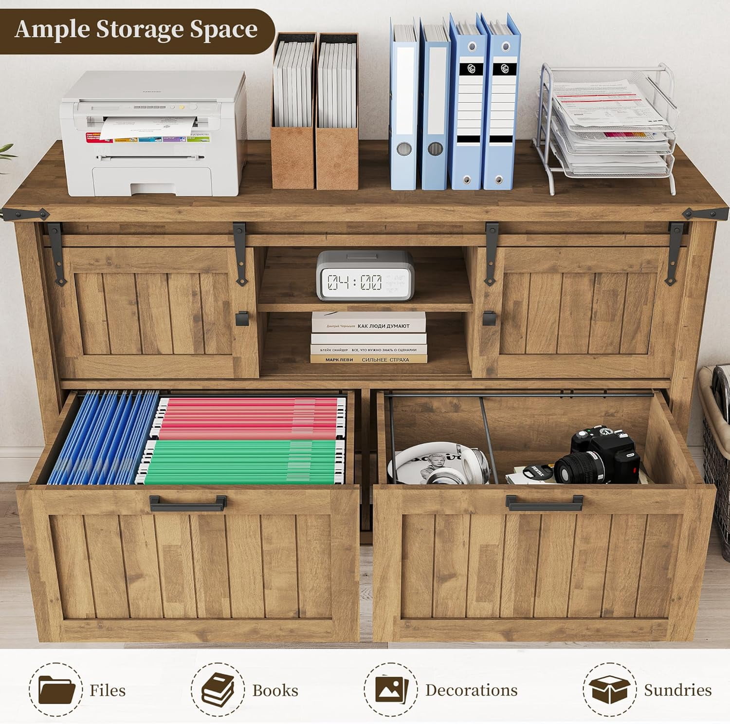FIAKOA Farmhouse 2-Drawer Lateral File Cabinet, Filing Cabinet with Sliding Doors & Charge Station, Printer Stand Cabinets for Home Office, Brown