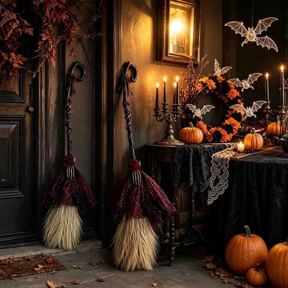 Halloween Witch Broom Decoration, Spooky Witchy Prop with Rustic Design, Festive Hanging Ornament for Front Door Fireplace Mantel Indoor Outdoor Party Decor, Black