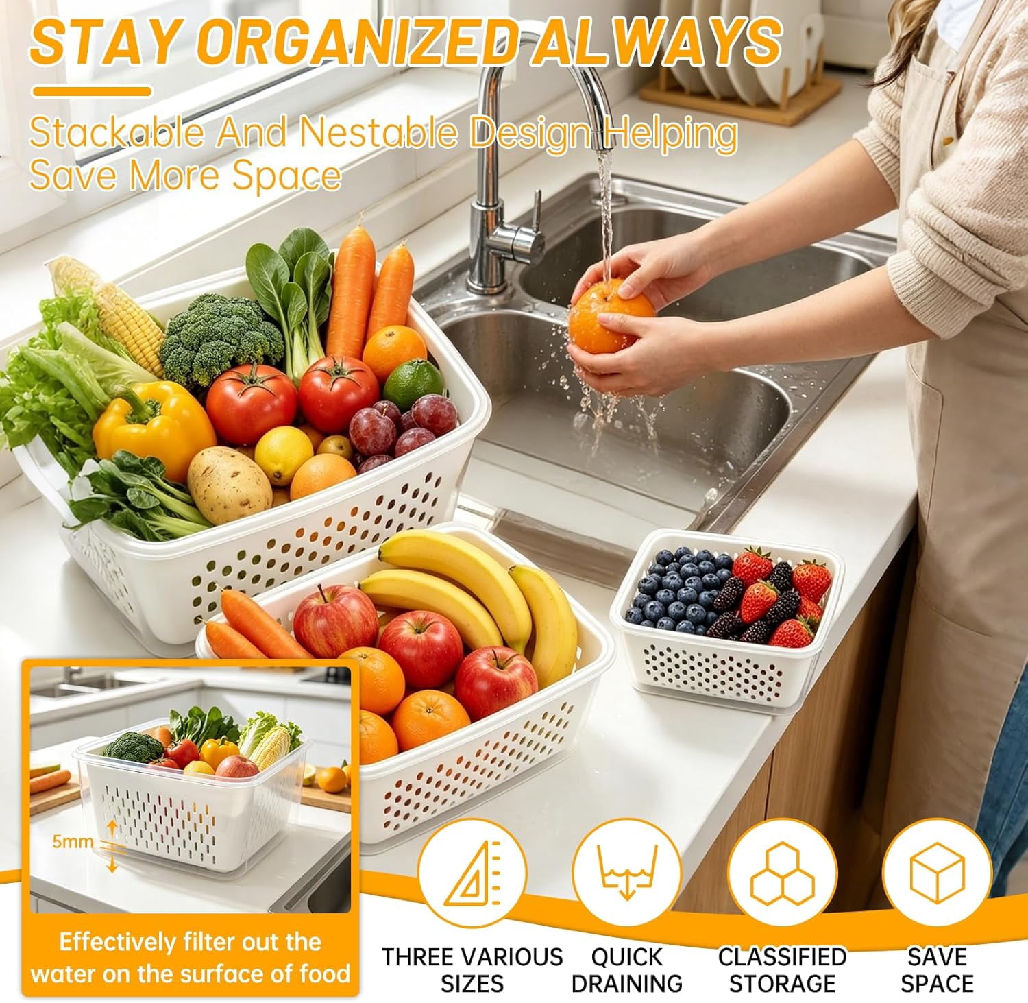 3 PCS Fruit Storage Containers for Fridge, Airtight Produce Storage Containers for Fridge, 4-in-1 Fruit and Vegetable Storage, Berry Keeper, Food-Grade & Easy To Clean Material