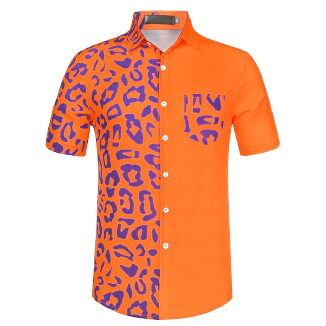 Lars Amadeus Camisa De Manga Corta Con Estampado Animal Para Hombre, Con Botones, Informal, Con Estampado De Patchwork Naranja Púrpura S