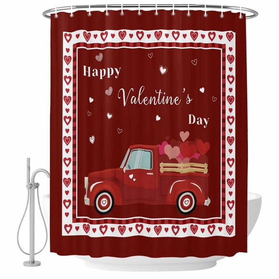 Red Valentine's Day Shower Curtain Set - 72" x 78" Washable Bathtub Curtain with 12 Hooks, Love Heart Truck Romantic Abstract Art Waterproof Fabric Stall Shower Curtains for Bathroom/Bathtub Décor