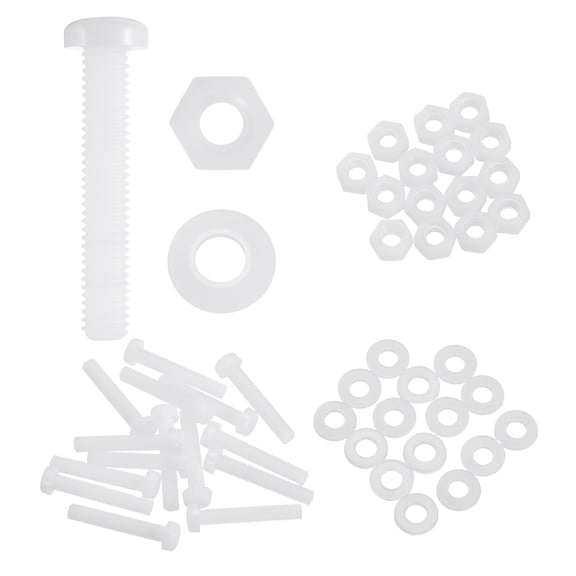 Uxcell 15 Set M6x35mm Nylon Plastic Cross Round Head Screw Phillips Bolts Hex Nuts Flat Washers Assortment Kit, Metric Full Thread Bolt Fasteners for DIY Machine Assembly, White