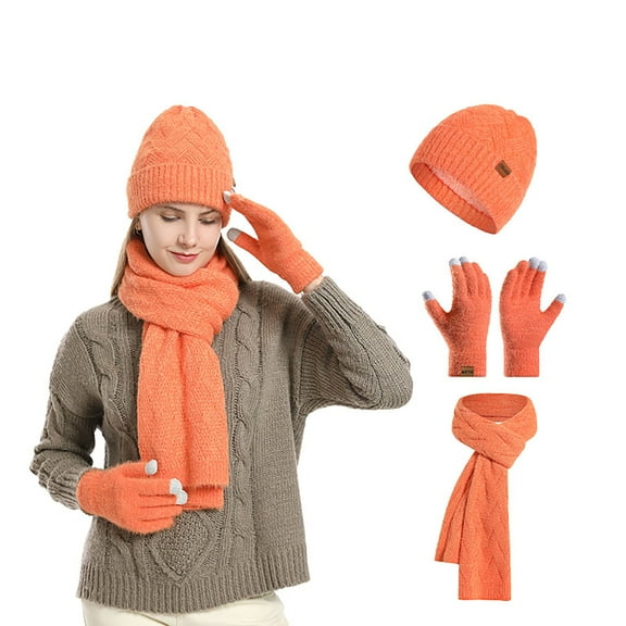 UJNDER Winter Thermal Knitted Gloves Scarf Hat Set with Touchscreen Compatibility for Cold Weather Outdoor Activities and Ear Protection Orange One Size