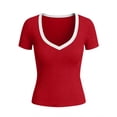 thumbnail image 5 of Wowcloth Women's V-Neck Pullover Top, Solid Color Patchwork with Short Sleeve, Fashionable and Comfortable for Daily Wear and Casual Activities, 5 of 5