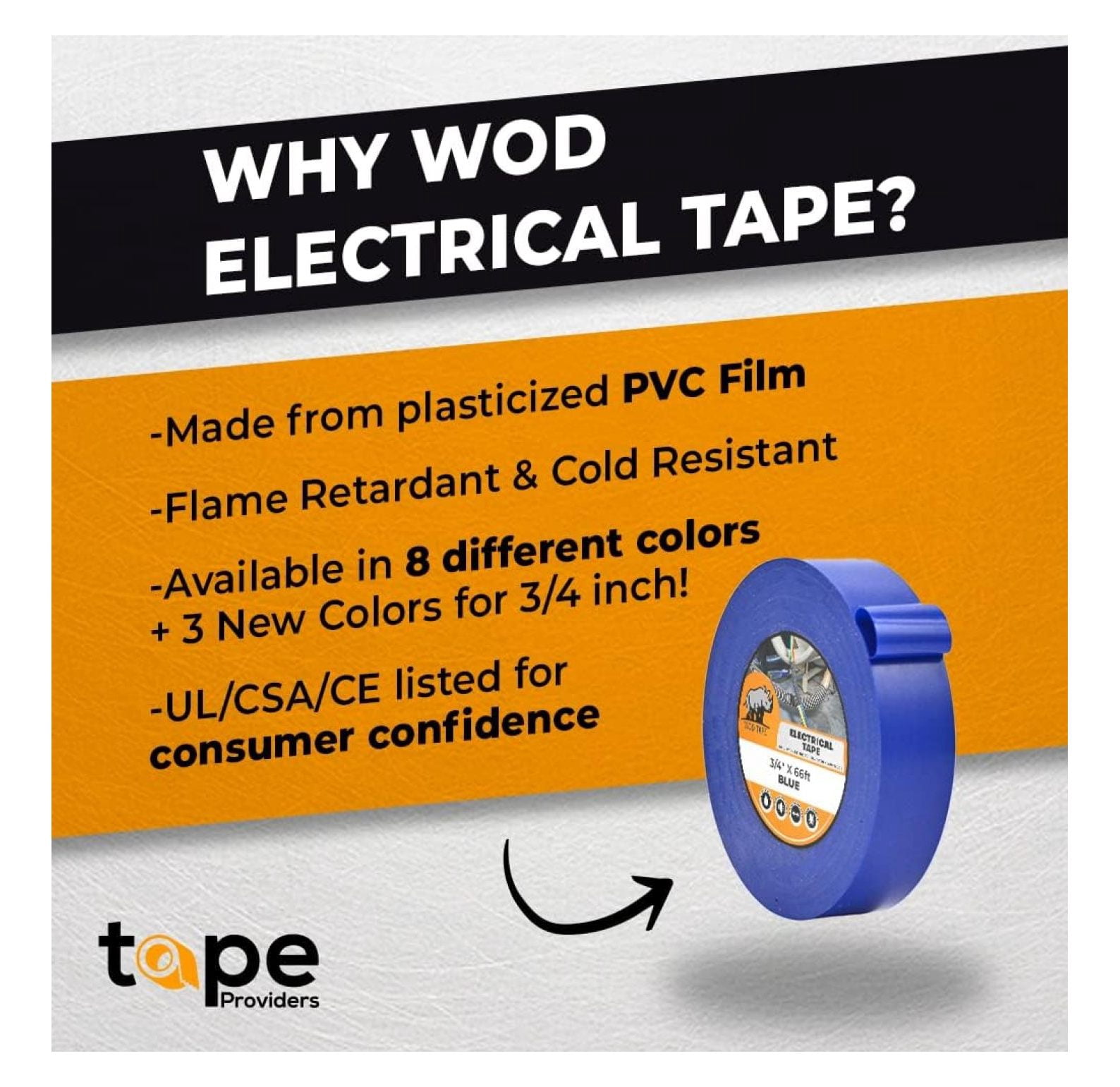 WOD ETC766 Professional Grade General Purpose Gray Electrical Tape UL/CSA Listed . Vinyl Rubber Adhesive Electrical Tape: 3 inch X 66 ft - Use at No More Than 600V & 176F (Pack of 10)